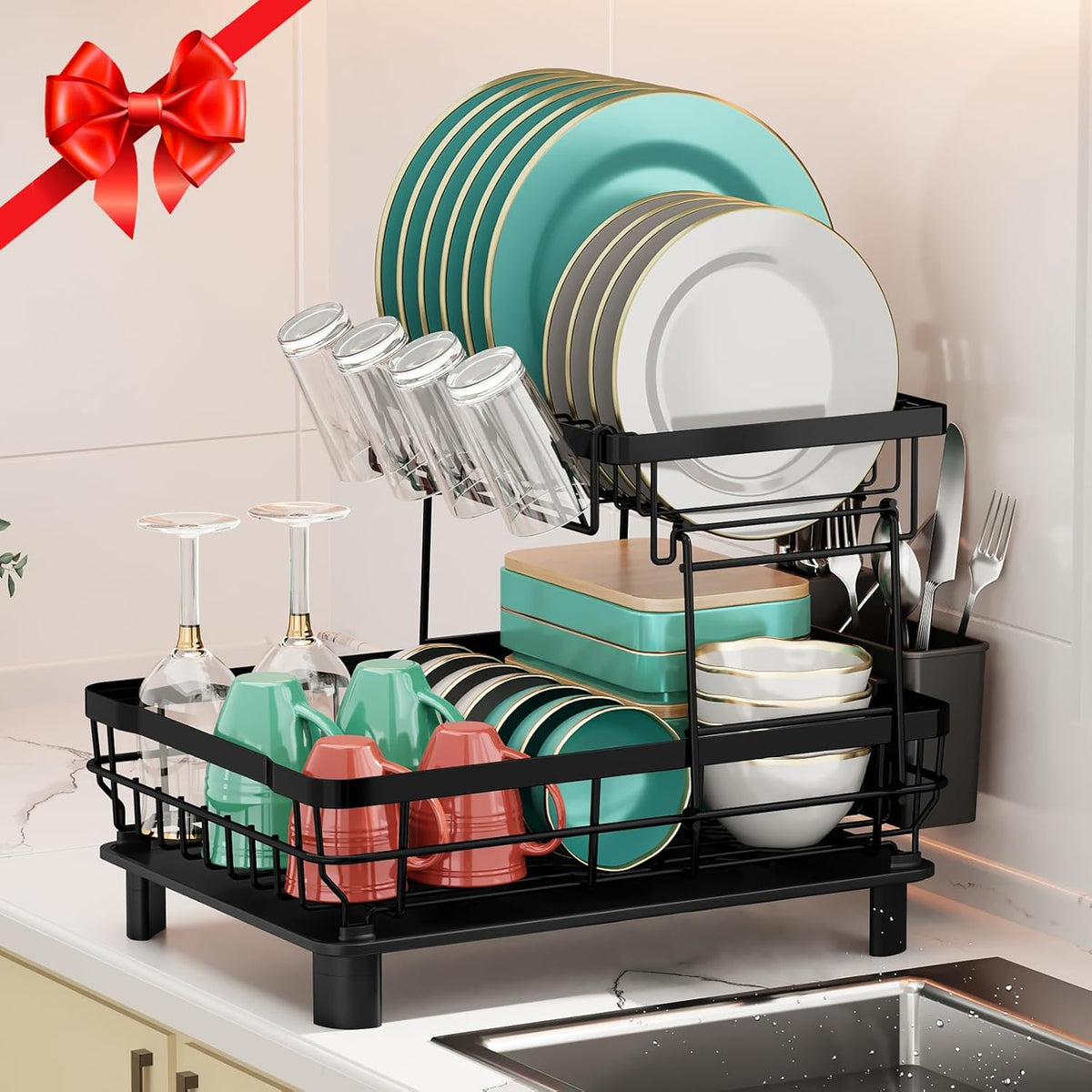 MOUKABAL Dish Drying Rack, 2 Tier Dish Rack, Large Dish Racks for Kitchen Counter, Dish Drainer