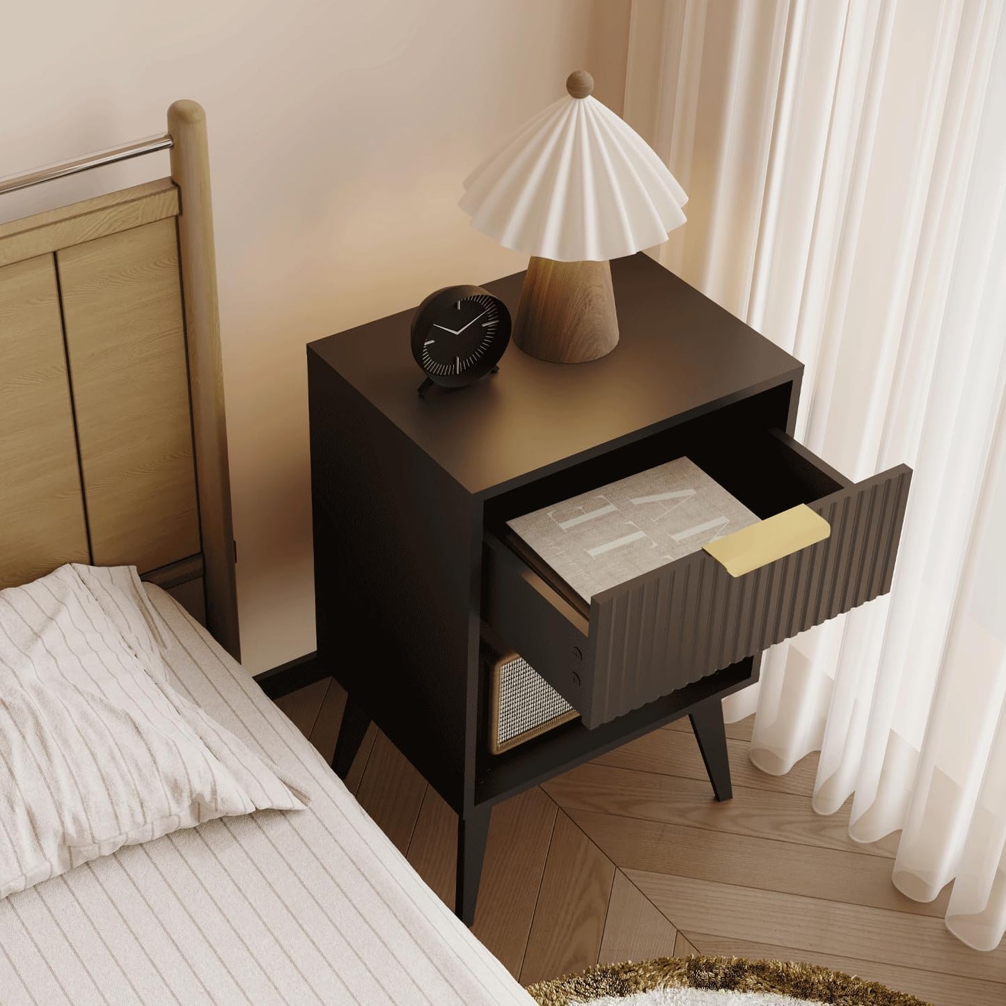 Fluted Night Stand with Opening Storage,Mid Century Bedside Table with Drawer,Modern Nightstand