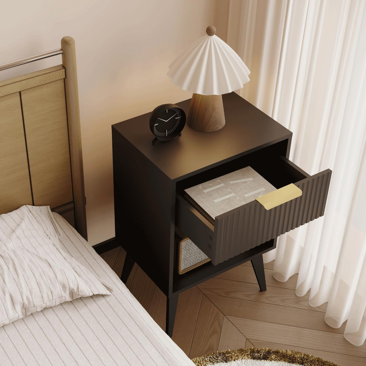 Fluted Night Stand with Opening Storage,Mid Century Bedside Table with Drawer,Modern Nightstand