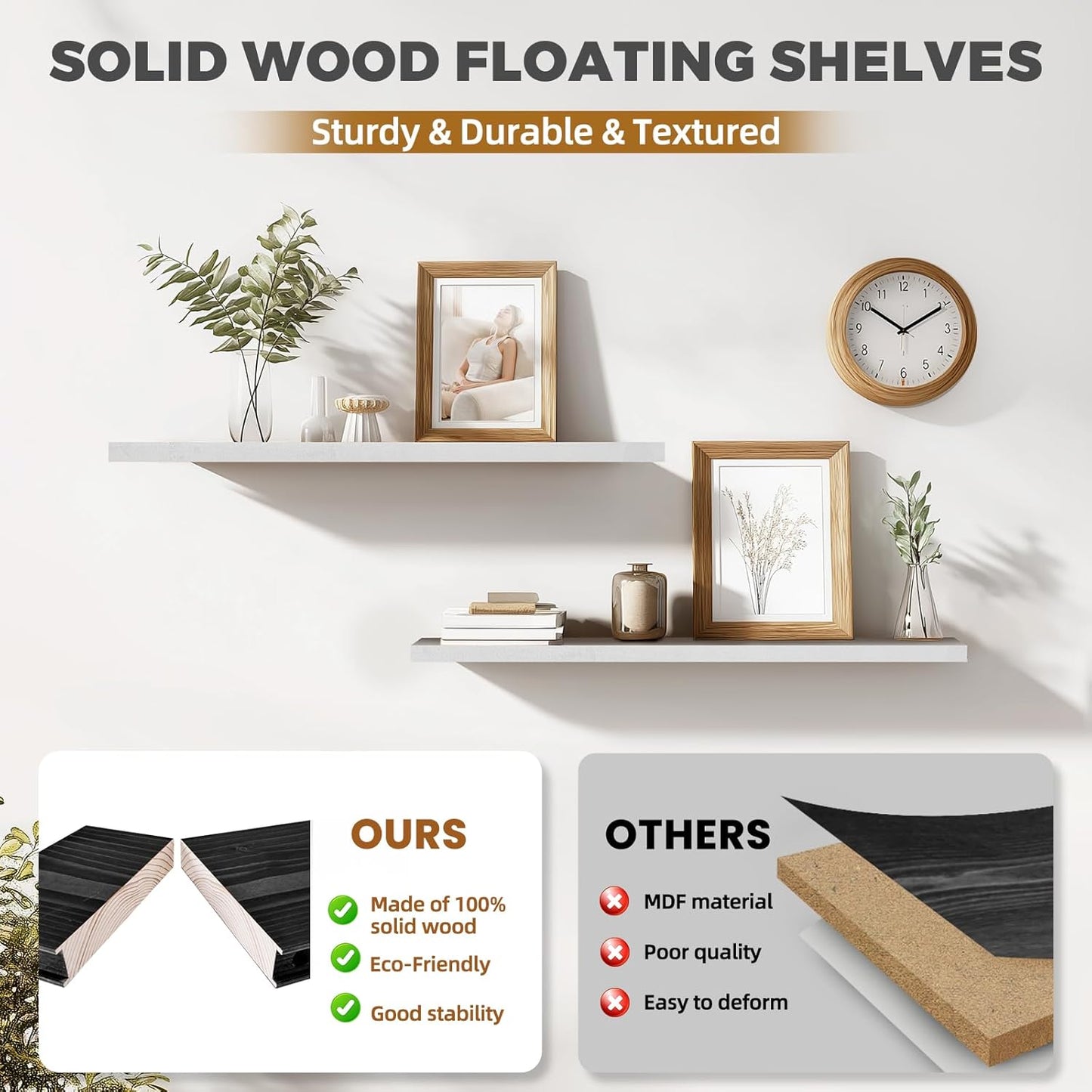 36"x6.8"x1.2" Solid Wood Floating Shelves 2-Pack - Rustic White Finish with Hidden Brackets