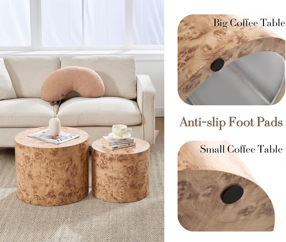 EALSON Nesting Coffee Tables Set of 2 Farmhouse Small Round End Tables Modern Wood Circle Side