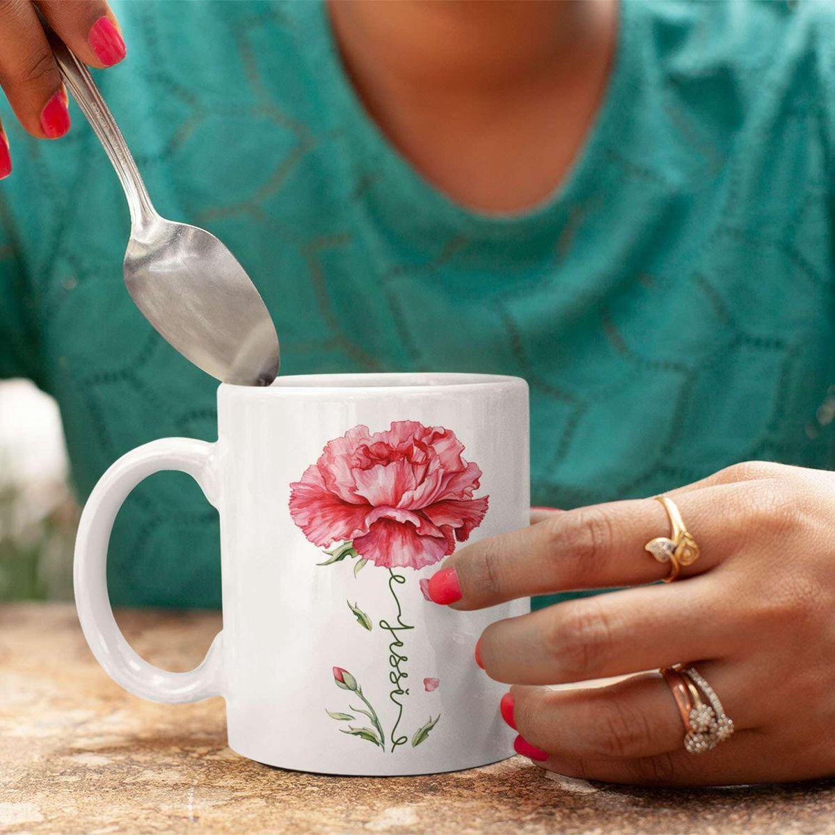 Personalized Floral Carnation Mug, Customized Name On Flower Coffee Cup, Unique Ceramic Tea Mug