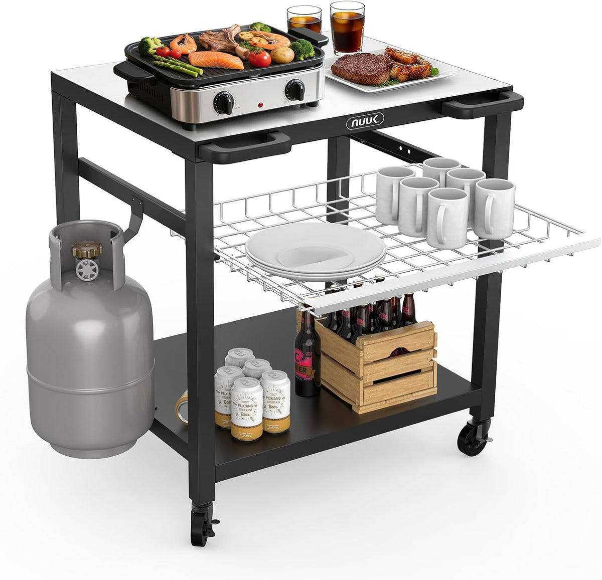 NUUK Outdoor Grill Cart 30"x 24" Pizza Oven Table 3-Shelf with Drawer BBQ Grilling Carts Outside