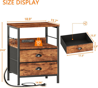 Furologee Night Stand with Charging Station, Bedside Table with Fabric Drawers, End Table with USB