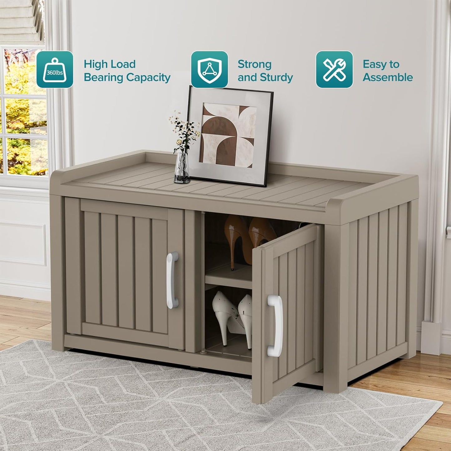 ROJIK Shoe Cabinet Waterproof UV-Resistant,Storage Bench Indoor Outdoor with Adjustable Shelves,for