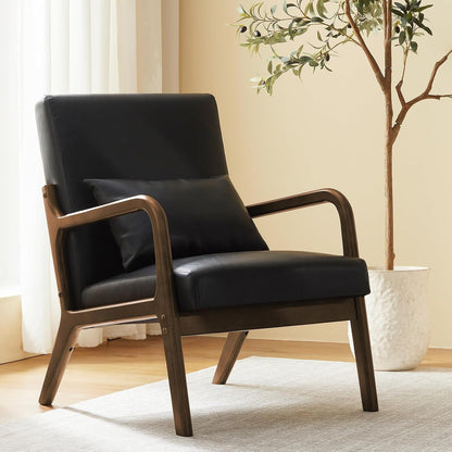 Accent Chair Mid Century Modern Armchair with Lumbar Support Pillow Wood Legs PU Leather