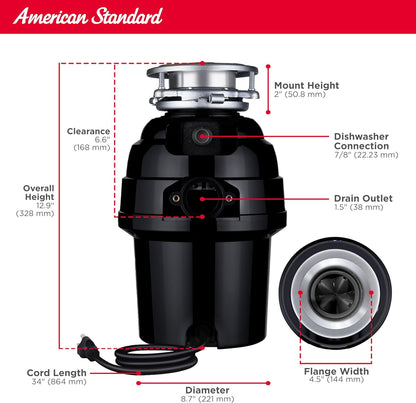 American Standard 10-US-AS-7 Garbage Disposal Anti-Jam Stainless Steel Food Waste Grinding System