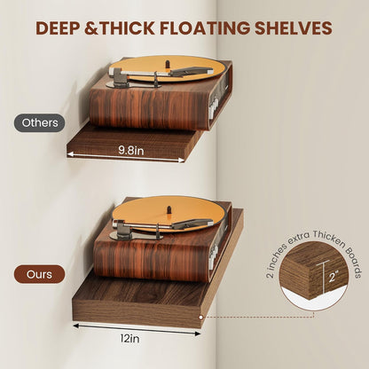 Wide Floating Shelves for Wall 12 Inch Deep, 24" X 12" X 2" Floating Shelf, 2 Inch Thick Shelf for