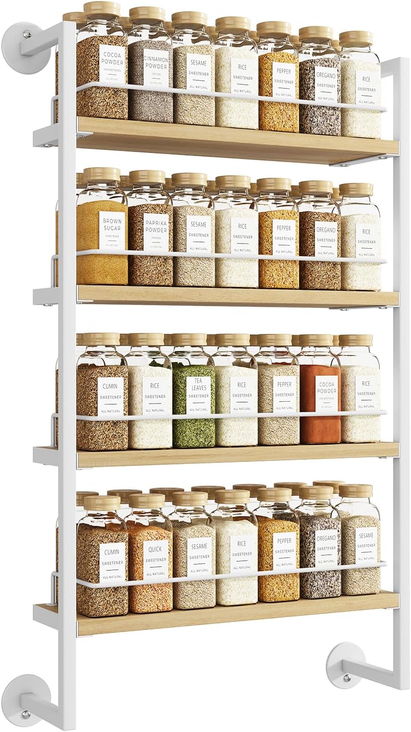 IBUYKE Spice Rack Wall Mount,4 Tier Hanging Seasoning Organizer,Spice Rack for Wall for up to 50