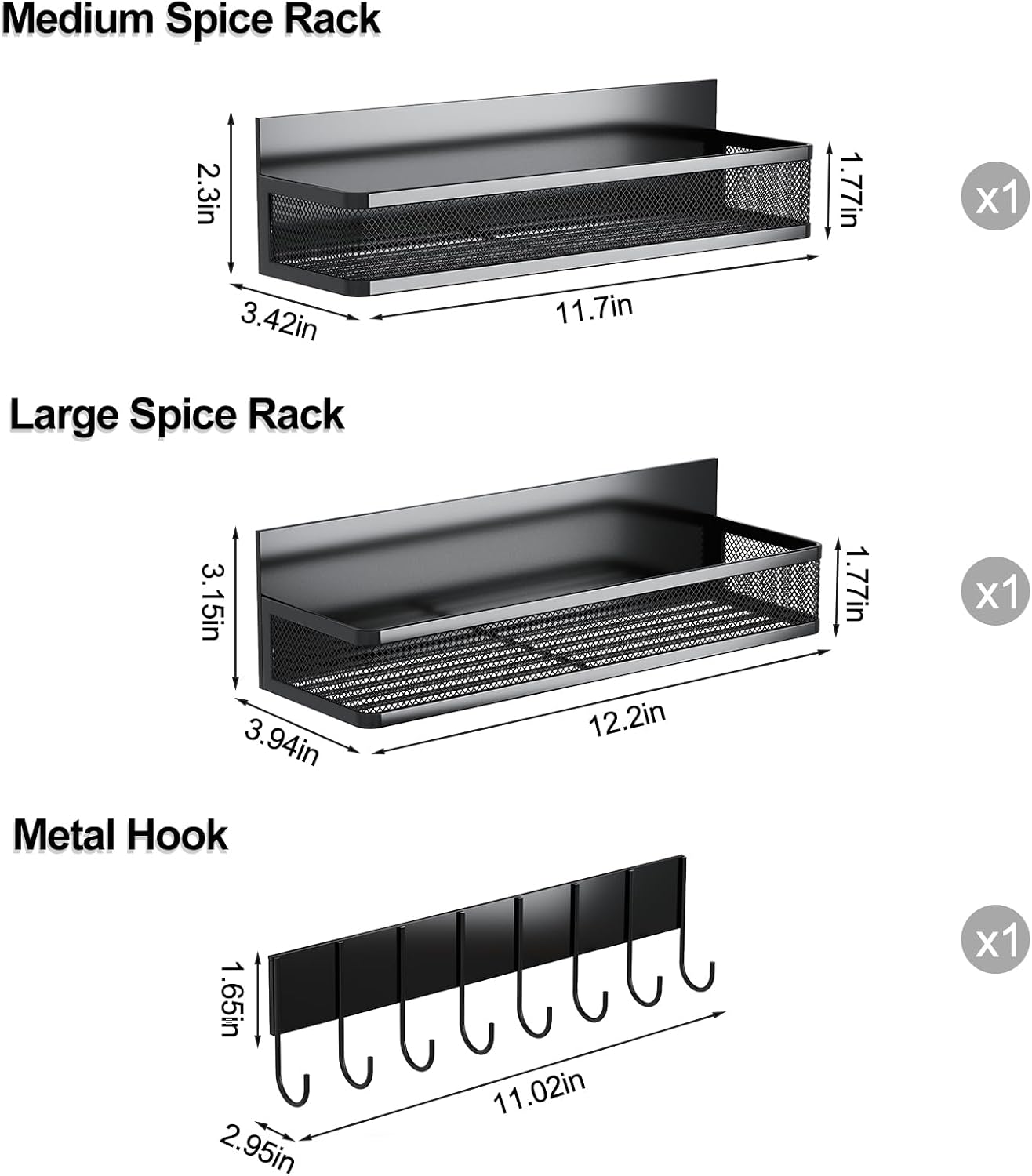 Magnetic Spice Rack for Refrigerator, 3 Pack Magnetic Shelf, Moveable Fridge Organizer with 8-Hook