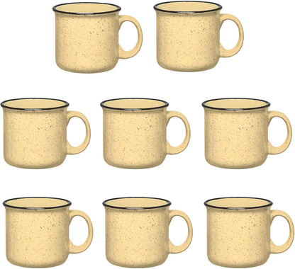 Set of 8 Ceramic Campfire Mugs – 15 Oz, Yellow – Coffee & Tea Cups for Home, Work, Travel, Camping