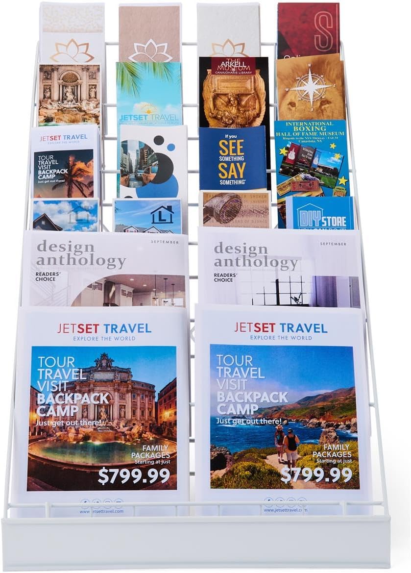 Displays2go Wire Magazine Rack with 6 Open Tiers, Holds Both Magazines and Brochures, Includes Sign