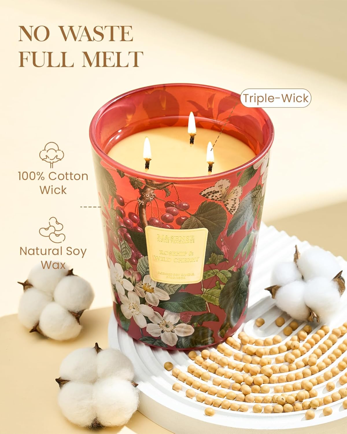 M&SENSE Wild Cherry Scented Candle 3 Wick, 35oz 150H Long Lasting, Soy Candles Stress Relief