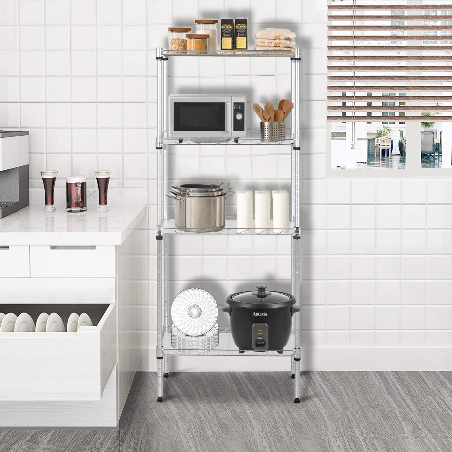 FDW 18L x 12W x 44H Wire Shelves with 4 PP Sheets Metal Shelf Storage Shelves 4 Tier Layer Storage