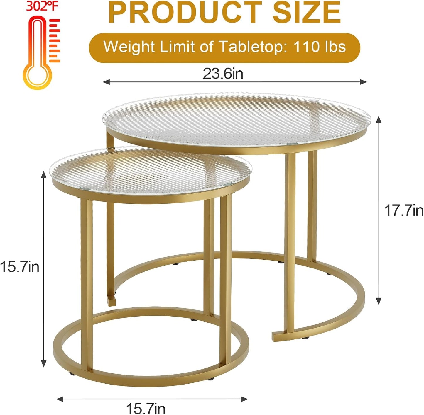 aboxoo Nesting Coffee Table Set of 2, Small Round Glass Nesting Tables for Living Room Bedroom