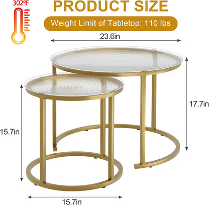 aboxoo Nesting Coffee Table Set of 2, Small Round Glass Nesting Tables for Living Room Bedroom