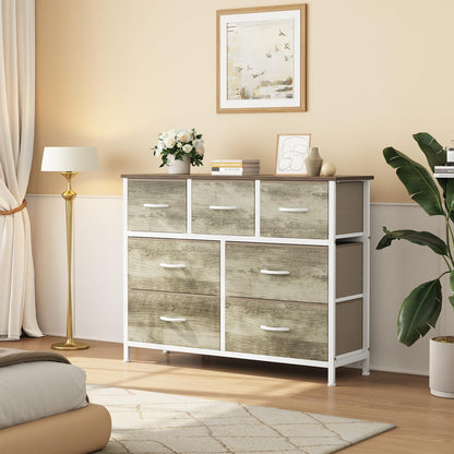 Sweetcrispy 7 Drawer Dresser for Bedroom Storage with Fabric Bins, Oak
