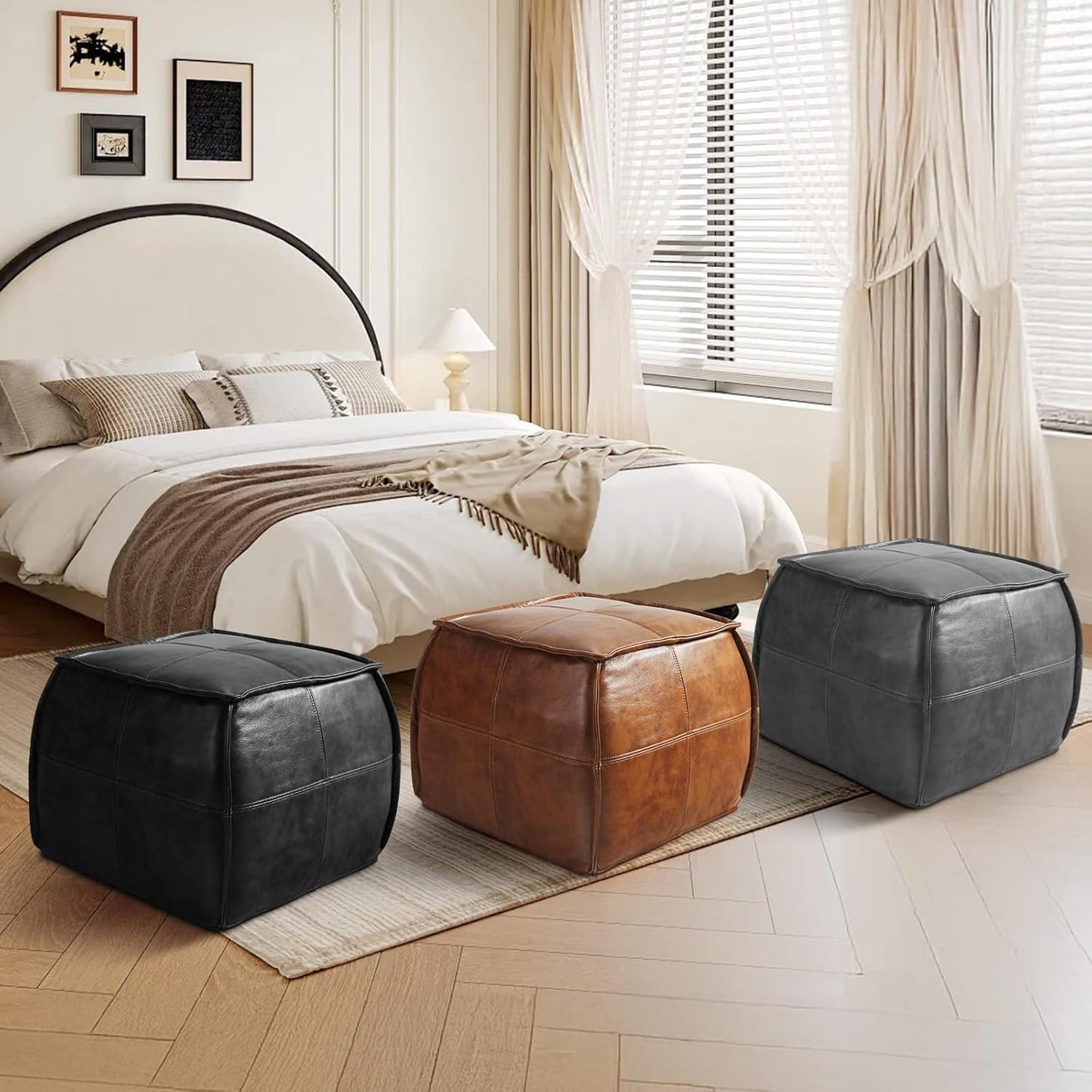 Leather Ottoman,Handmade Stuffed Square Ottoman,Genuine Leather Pouf, Foot Rest Pouf,Comfortable