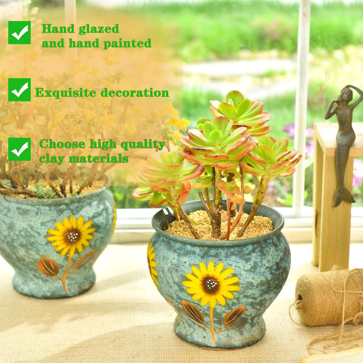 Sungmor Ceramic Hand Painted Succulent Flower Pots, 9 Inch Large Pottery Pots for Indoor Outdoor