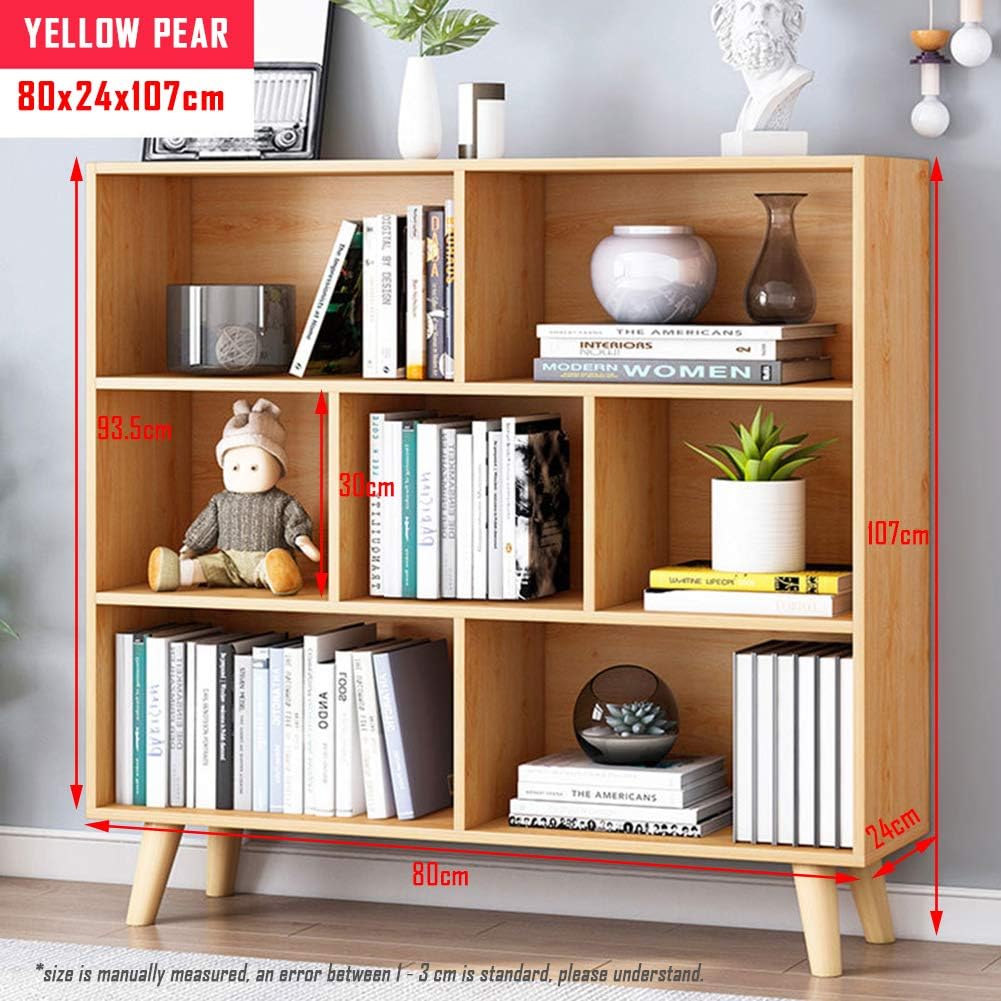 IOTXY Wooden Open Shelf Bookcase - 3-Tier Floor Standing Display Cabinet Rack with Legs, 7 Cubes