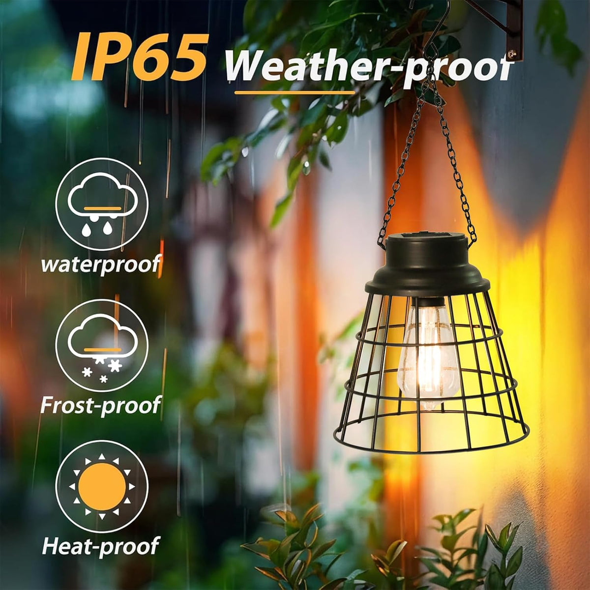 2 Pack Solar Lanterns Outdoor Waterproof , Metal Cage Design with Replaceable LED Bulb, Waterproof