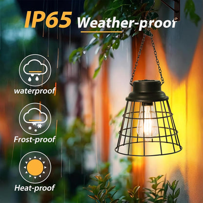 2 Pack Solar Lanterns Outdoor Waterproof , Metal Cage Design with Replaceable LED Bulb, Waterproof