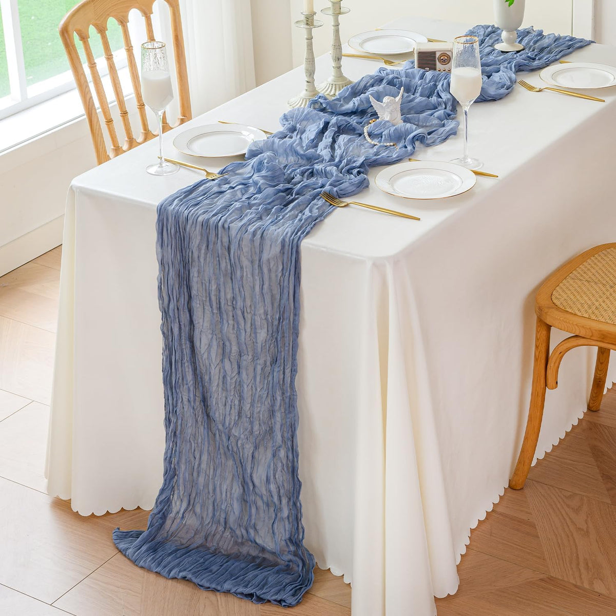 Sioloc 1 Pack Dusty Blue Cheesecloth Table Runner Fall Autumn Decor for Home 10ft Table Cloth for