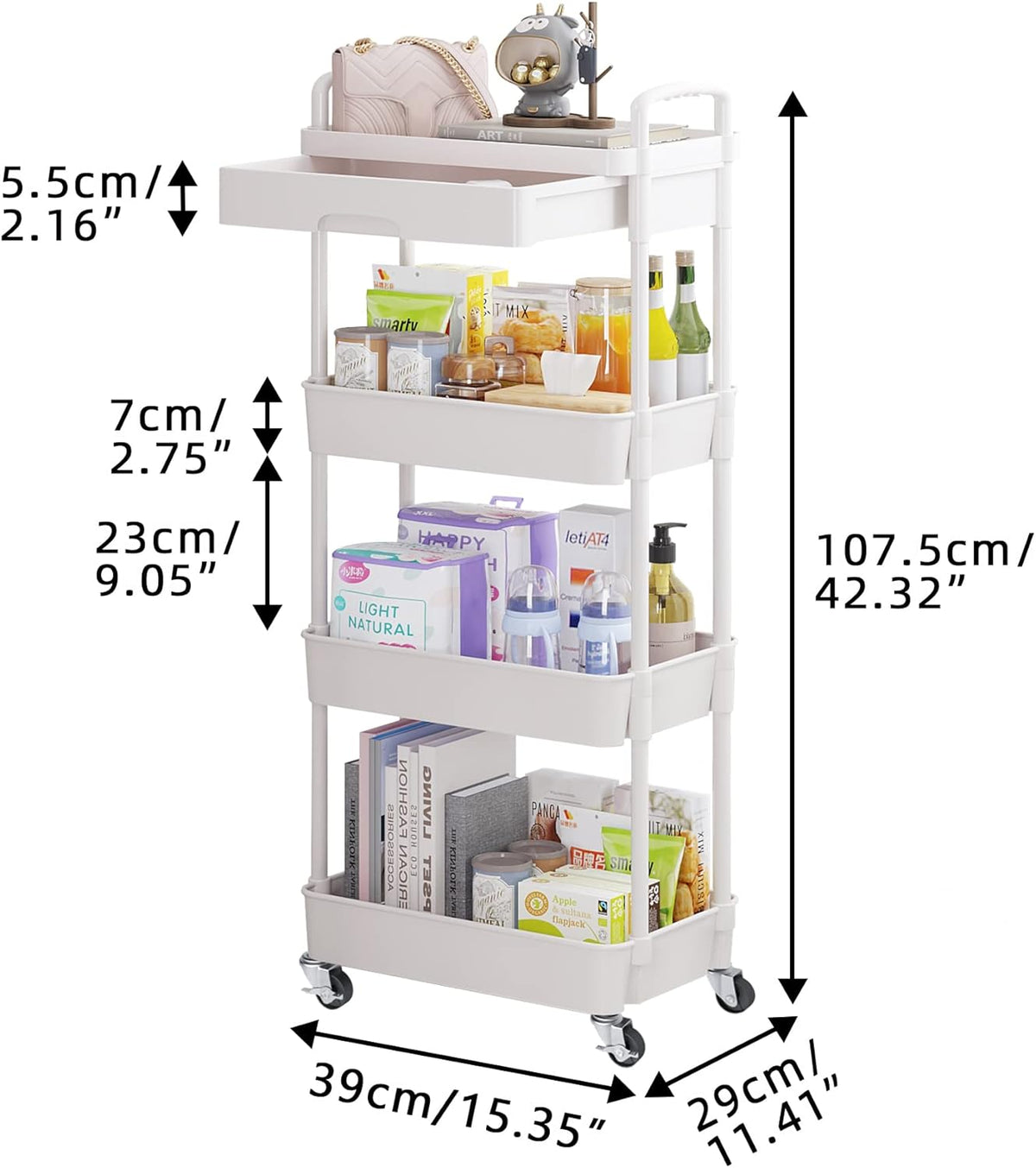 Calmootey 4-Tier Rolling Utility Cart with Drawer,Multifunctional Storage Organizer with Plastic