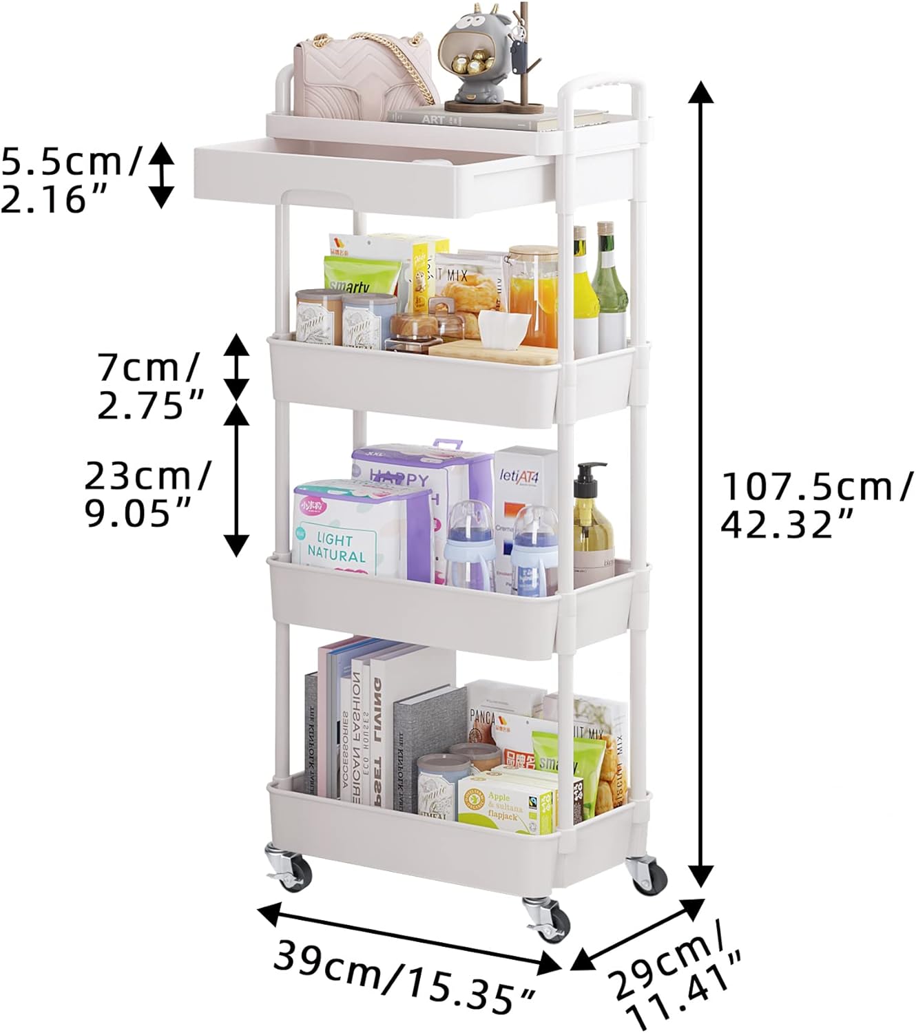 Calmootey 4-Tier Rolling Utility Cart with Drawer,Multifunctional Storage Organizer with Plastic