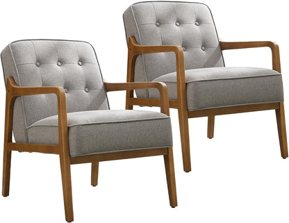Linen Accent Chair Set of 2, Mid Century Modern Chair for Living Room, Upholstered Comfy Lounge