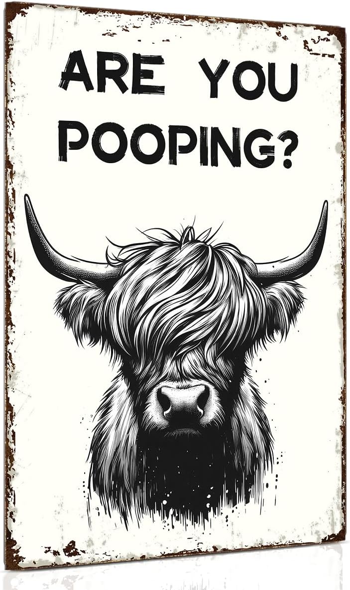 ALKB Funny Highland Cow Are You Pooping Metal Signs Vintage Farmhouse Bathroom Wall Decor Highland