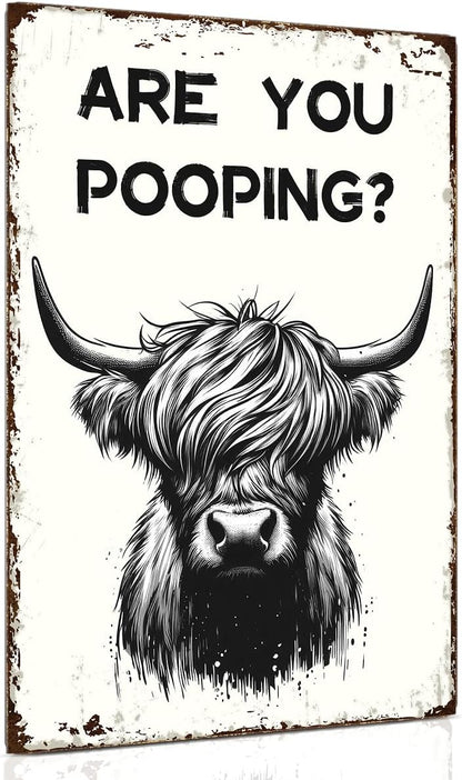 ALKB Funny Highland Cow Are You Pooping Metal Signs Vintage Farmhouse Bathroom Wall Decor Highland