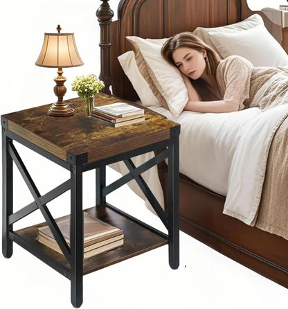End Table Large Side Table for Living Room, Rustic Farmhouse End Tables with 2-Tier Storage, Square