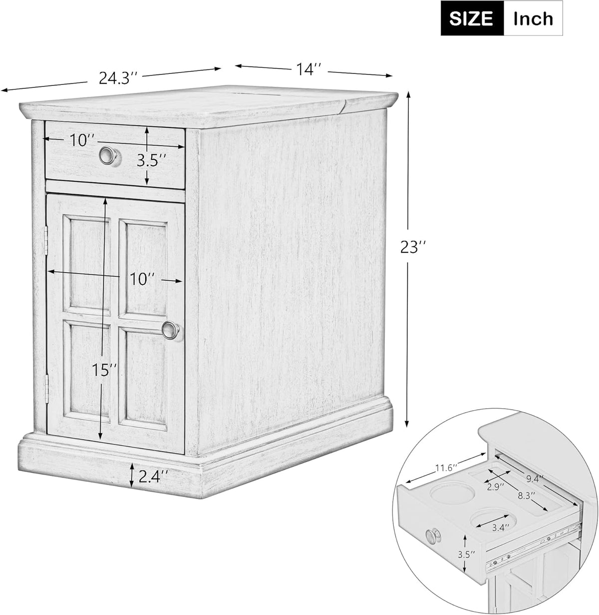 Traditional Wood End Table with Charging Station, Modern Vintage Sofa Chair Side Table Nightstand
