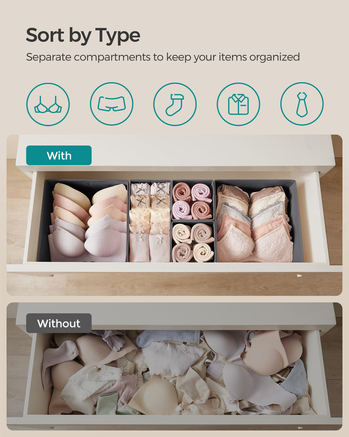 SONGMICS Drawer Organizer, Dresser Drawer Organizers, Set of 12, Foldable Fabric Storage Bins for