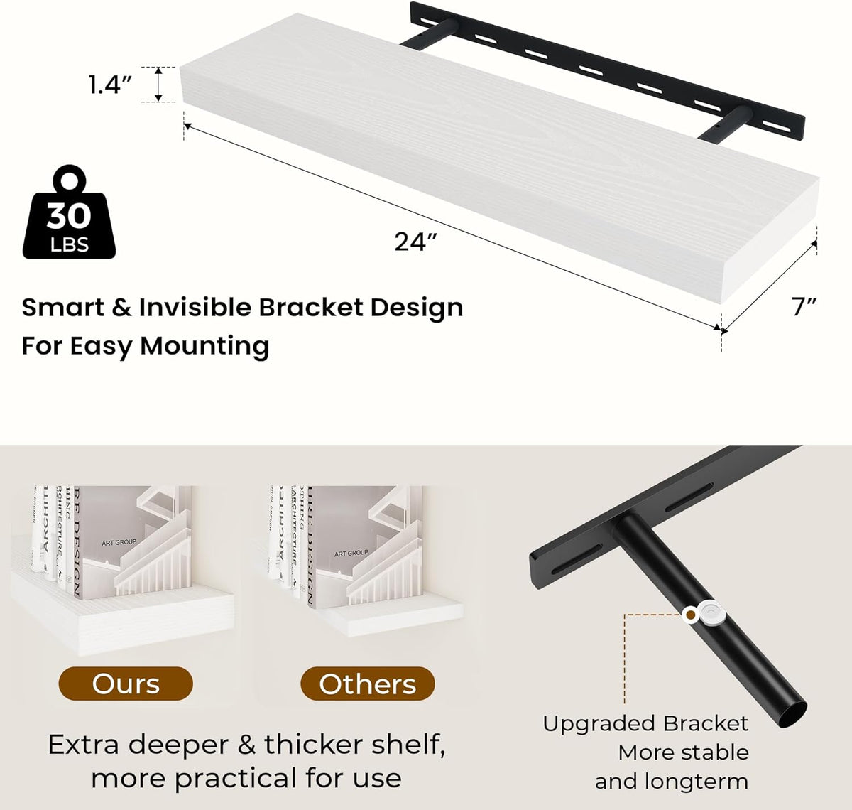24 inch Floating Shelves Long Floating Shelves for Wall Large Wall Mounted Shelves with Invisible