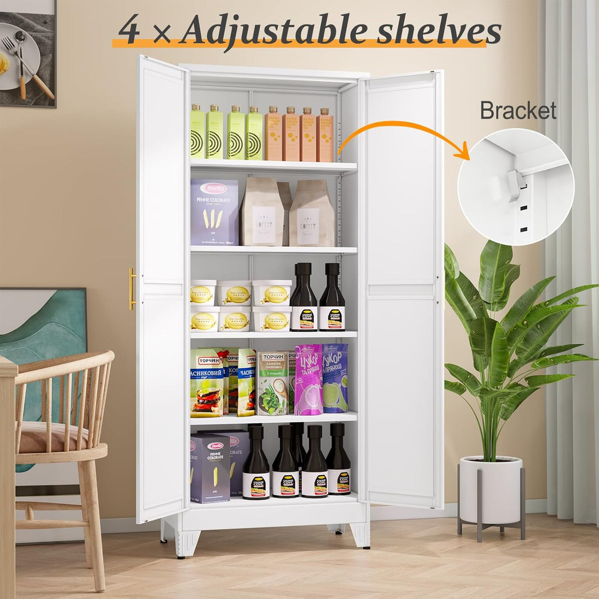 White Pantry Storage Cabinet,71" Kitchen Pantry with Doors and 4 Adjustable Shelves, Metal Storage
