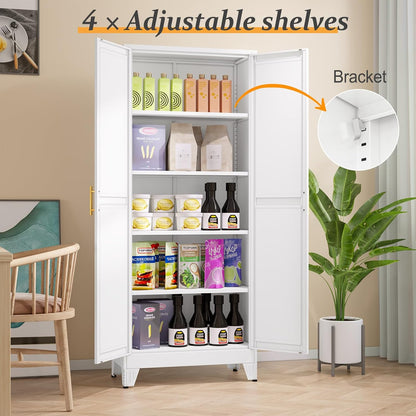 White Pantry Storage Cabinet,71" Kitchen Pantry with Doors and 4 Adjustable Shelves, Metal Storage