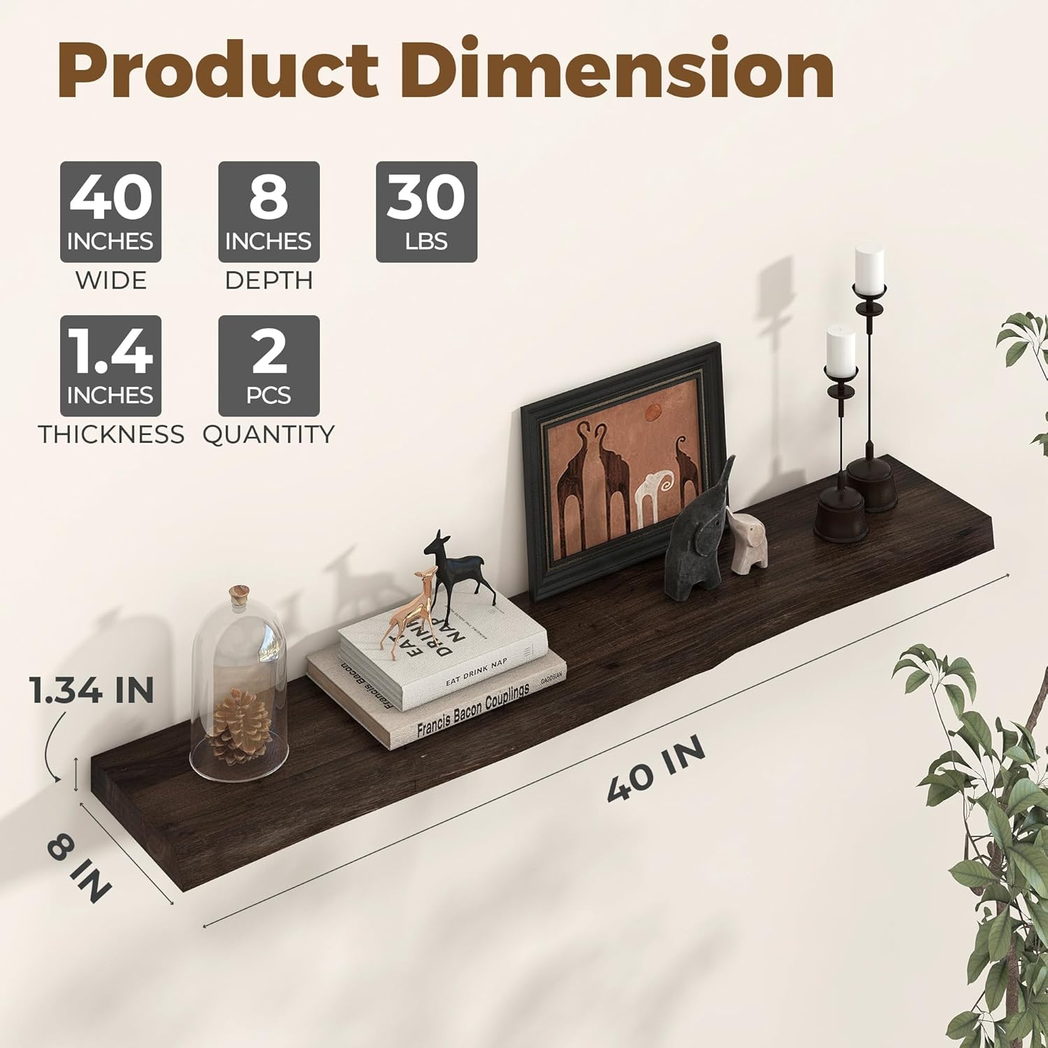 Axeman 40 inch Floating Shelves for Wall - 8'' D Live Edge Rustic Solid Elm Wood Floating Shelves