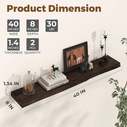 Axeman 40 inch Floating Shelves for Wall - 8'' D Live Edge Rustic Solid Elm Wood Floating Shelves