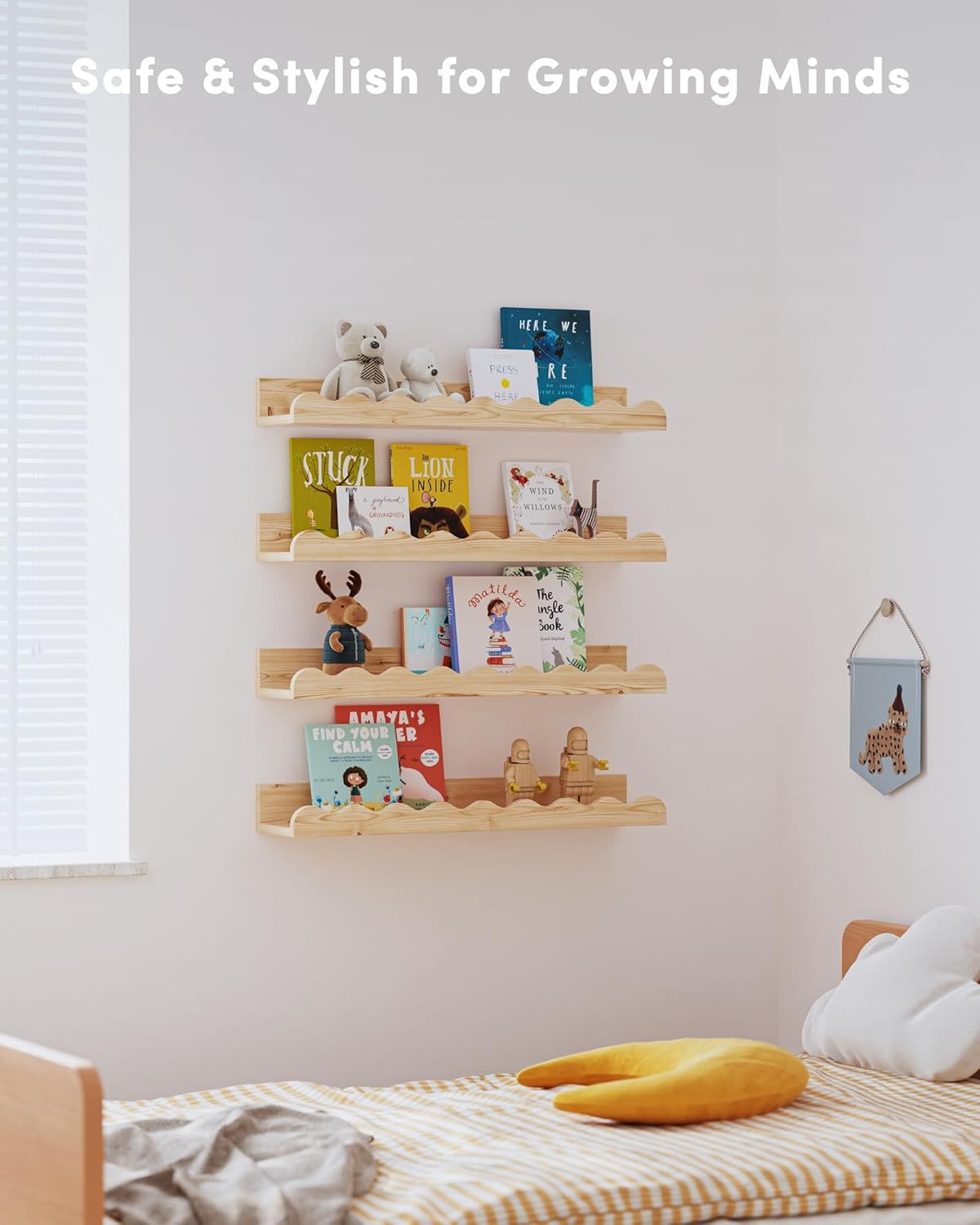 Kids' Bookshelf Set of 4 - Wood Floating Nursery Book Shelves, Picture Ledge Shelf for Wall Decor