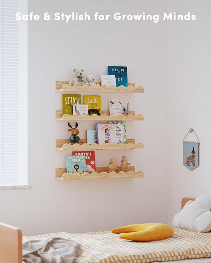 Kids' Bookshelf Set of 4 - Wood Floating Nursery Book Shelves, Picture Ledge Shelf for Wall Decor