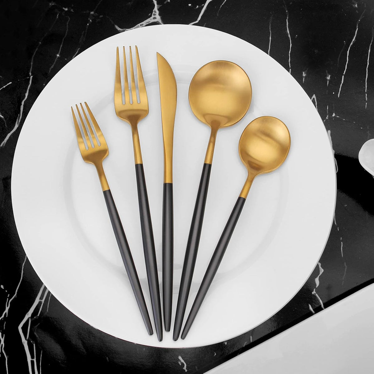 Matte Gold Silverware Set with black handle, Vanys 20 Piece Stainless Steel Cutlery Flatware Set