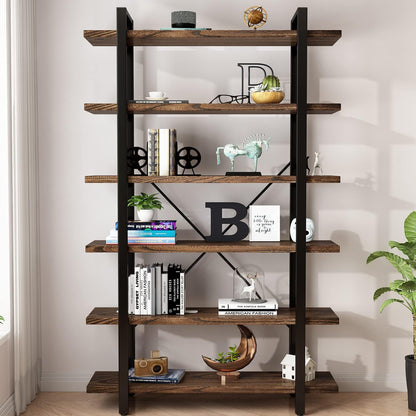 Solid Wood Bookcase and Book Shelves Wood and Metal Shelving Unit 6 Tier Bookshelf Modern Rustic