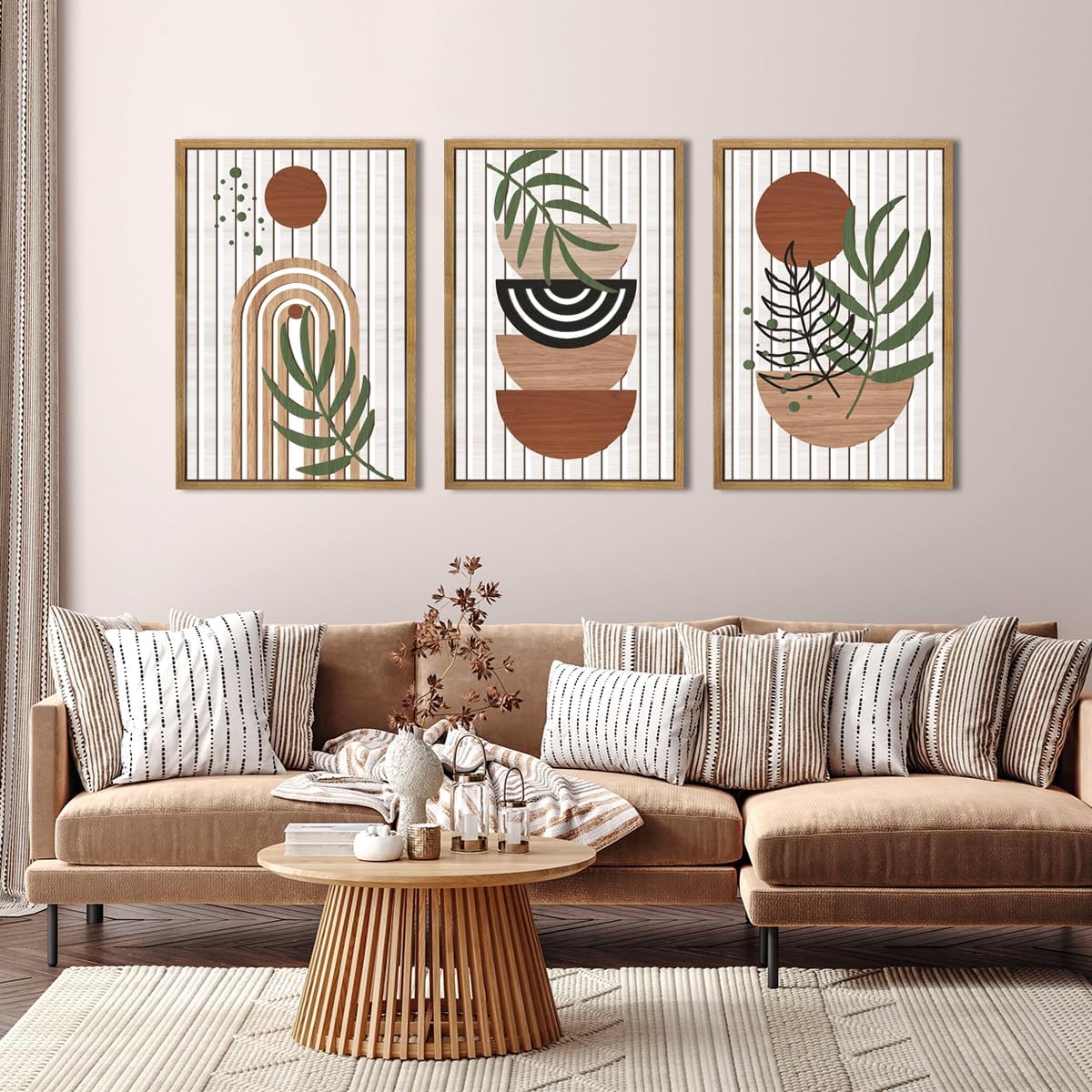 Large Boho Mid Century Wood Wall Art Set Modern Bohemian Wooden Wall Decor Minimalist Leaf Art