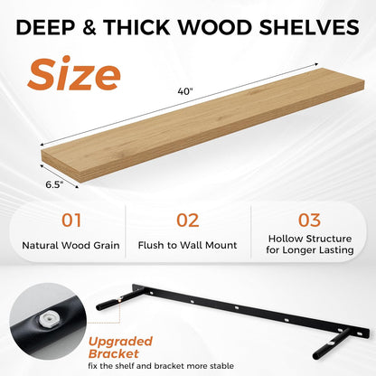Fun Memories Floating Shelves for Wall, 40" Rustic Wood Deep Wall Mounted Shelves with Invisible