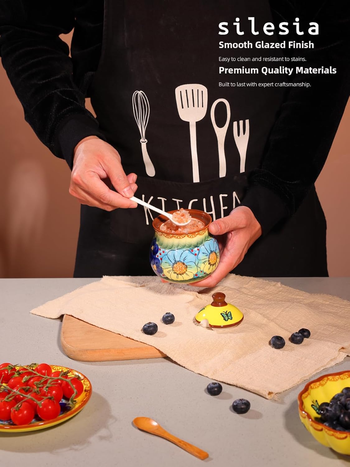 silesia Handmade Sugar Bowl with Lid and Spoon, 9 Ounce Ceramic Hand-Painted Sugar Jar for Home in