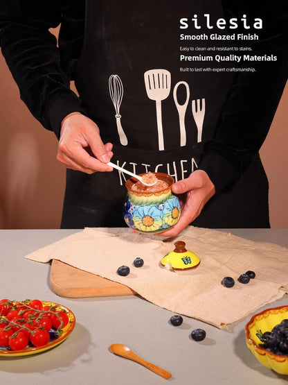 silesia Handmade Sugar Bowl with Lid and Spoon, 9 Ounce Ceramic Hand-Painted Sugar Jar for Home in