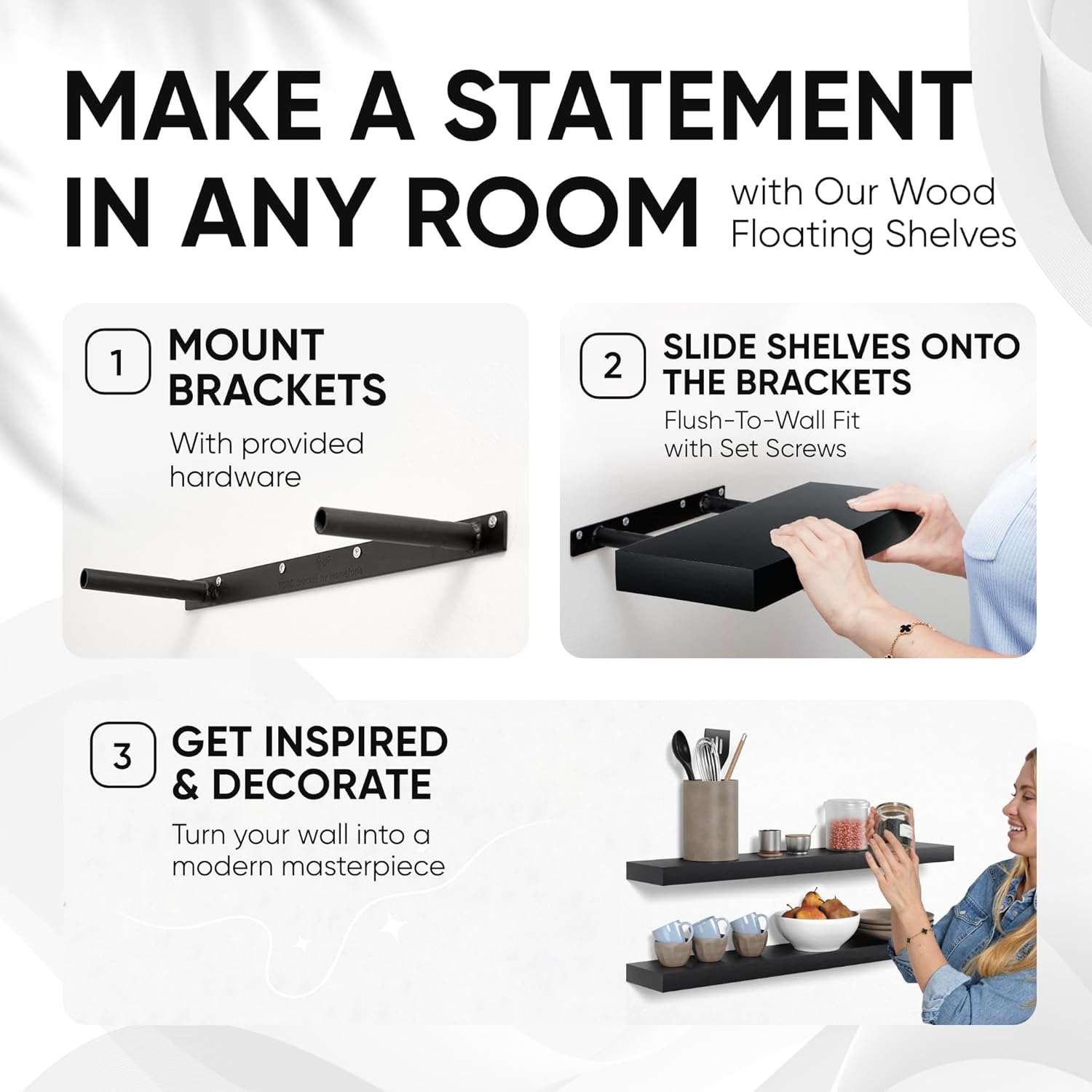 Homeforia Black Floating Shelves 36 inches Long, High End Solid Real Wood 36 inch Floating Shelf