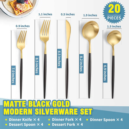 Matte Black Gold Silverware Set for 4,Modern Stainless Steel Brushed Cutlery Set,20-Pieces Heavy